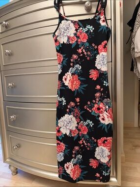 Floral Slip Midi Dress - Black with Coral & White Blooms